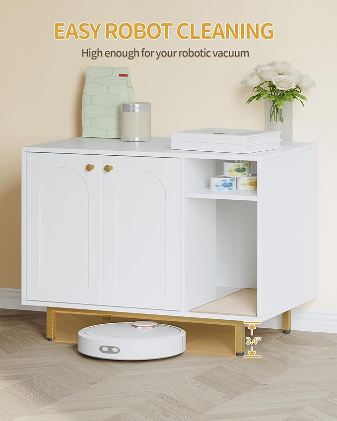 Cat Litter Box Enclosure Enclosed, Hidden Litter Box Cabinet Furniture with Storage, Wooden Indoor Cat House Large, Modern End Table for Living Room Entryway, White and Gold 01503GCLB