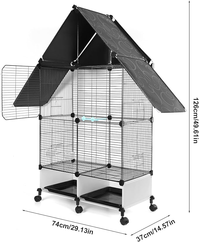 House Shape Bird Cage with Rolling Stand - Large 2 Tier Iron Bird Cage with Lock, Spacious Flight Habitat for Parakeets & Cockatiels, Easy Mobility Safe Home for Small Birds