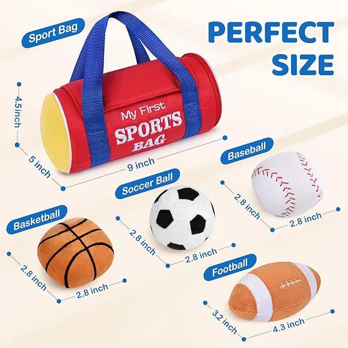 KMUYSL Baby Toys 0-12 Months, My First Sports Bag Plush Toy - 4 Sensory Balls Soft Toys with Crinkle, Rattles for 0-3-6-9-12 Month Newborn Infant, 1st Birthday for Babies Boys Girls Age 1