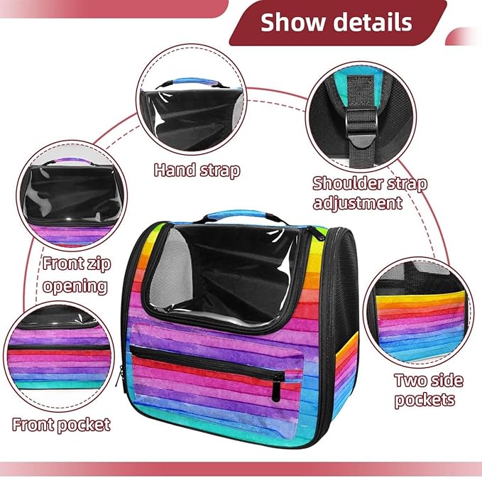 Stripe Rainbow Transparent Pet Carrier for Travel Hiking for Kitty Small Dog