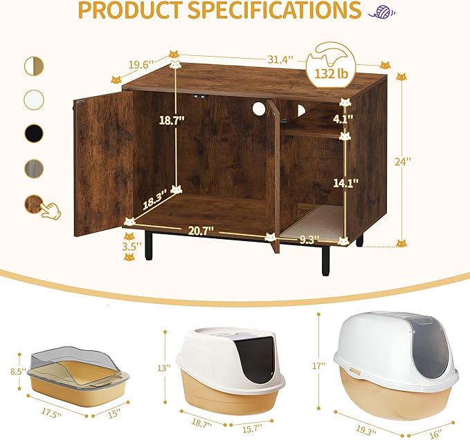 Cat Litter Box Enclosure Enclosed, Hidden Litter Box Cabinet Furniture with Storage, Wooden Indoor Cat House Large, Modern End Table for Living Room Entryway, Rustic Brown and Black CB01501B