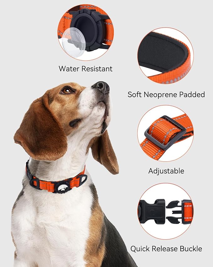 Joytale Airtag Dog Collar, Reflective Pet Collar with Waterproof AirTag Holder, Dual D-Rings, Soft Padded Adjustable for Medium Dogs, Orange, M