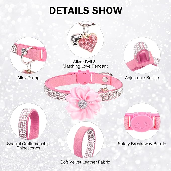Rhinestone Cat Collar Breakaway with Bell, Diamond Cat Collar with Safety Buckle Quick Release for Girl Boy Small Kitten Pets Puppy,Cute Soft Cat Collars, Color Flower Pink 8-12"