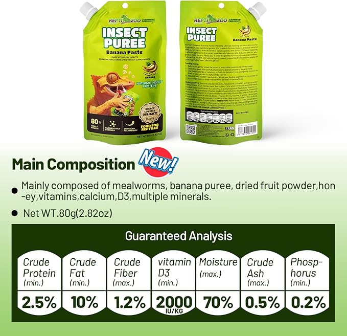 Crested Gecko Food Insect Puree, Fruit Mix Banana, Reptile Food Made with Fresh Insects 2.82oz