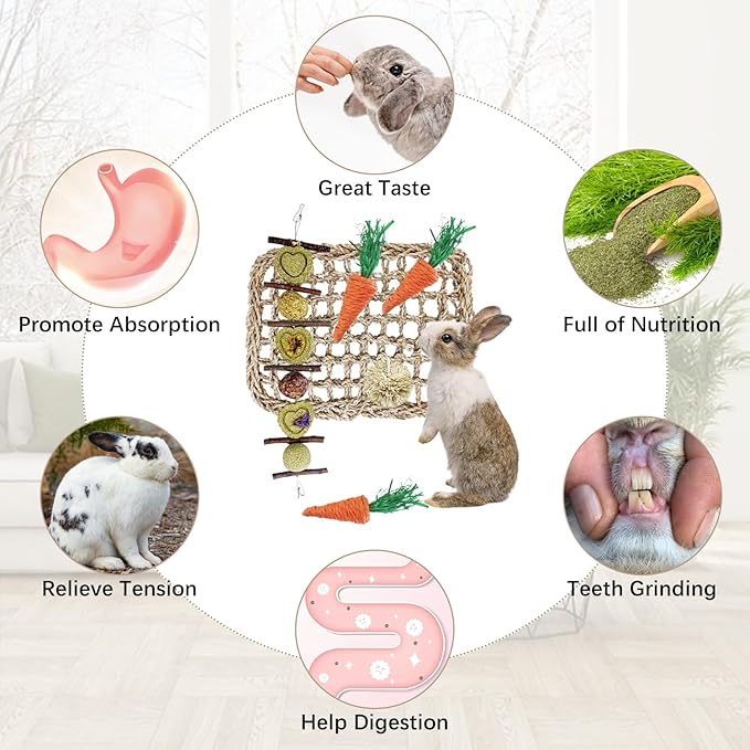 Hamiledyi Rabbit Seagrass Activity Mat Bunny Toy Hanging Rabbit Chew Toys for Teeth Bunny Enrichment Toys Seagrass Protector Mat Small Animal Toys for Chinchilla Guinea Pigs Hamsters Rats Rodent