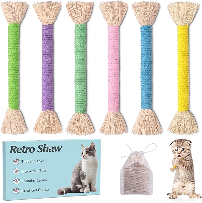 Retro Shaw 6Pcs Kitten Toys, Cat Toys Chew Ropes with Refillable Natural Catnip, Safe Teething Cleaning Kitty Toys for Indoor Cats, Christmas Interactive Pet Nip Kicker Toy