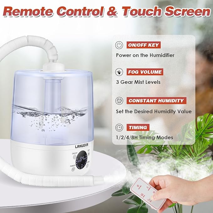 LANUEVA Reptile Humidifier with Humidity Control, Reptile Fogger with 4L Large Tank & Telescopic Hose for Terrariums, Remote Control & Touch Screen, Timing Function, for Reptiles, Green Plants (4L)