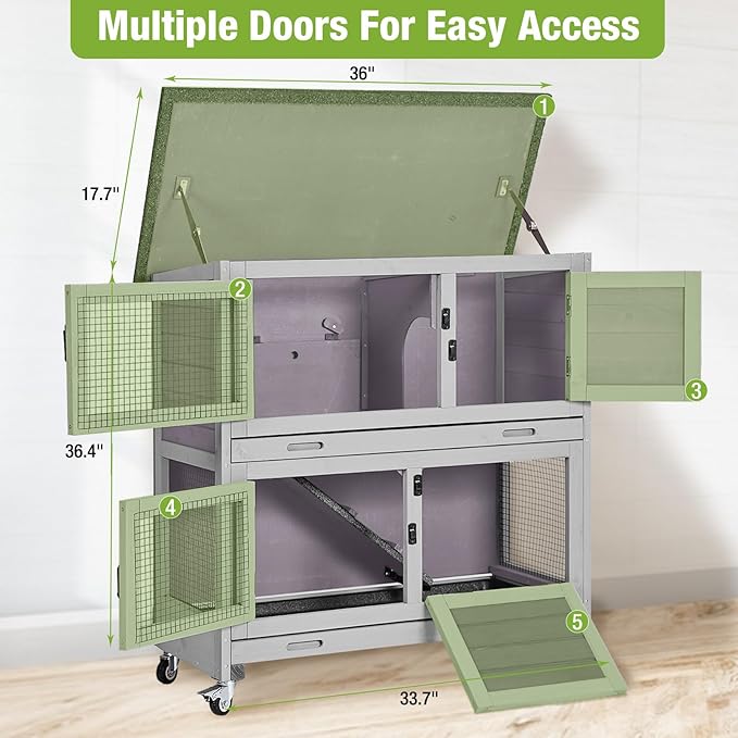 Rabbit Hutch Indoor, 36'' Bunny Hutch Outdoor, Mobile Rabbit Cage with Wheels, 2-Story Bunny Cage with 2 Pull Out Trays, Wooden Guinea Pig Cage (Grey)