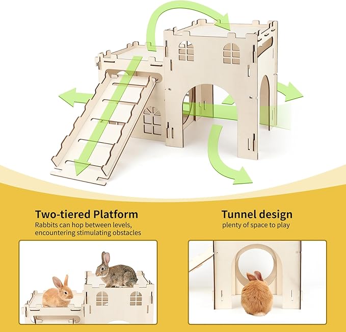 BWOGUE Extra Large Wooden Bunny Castle Hideout Split Balcony for Indoor Bunnies, Multistory Climbing Tower Hideout with Stairs, Ventilated Sturdy House for Rabbits Guinea Pigs and Chinchillas