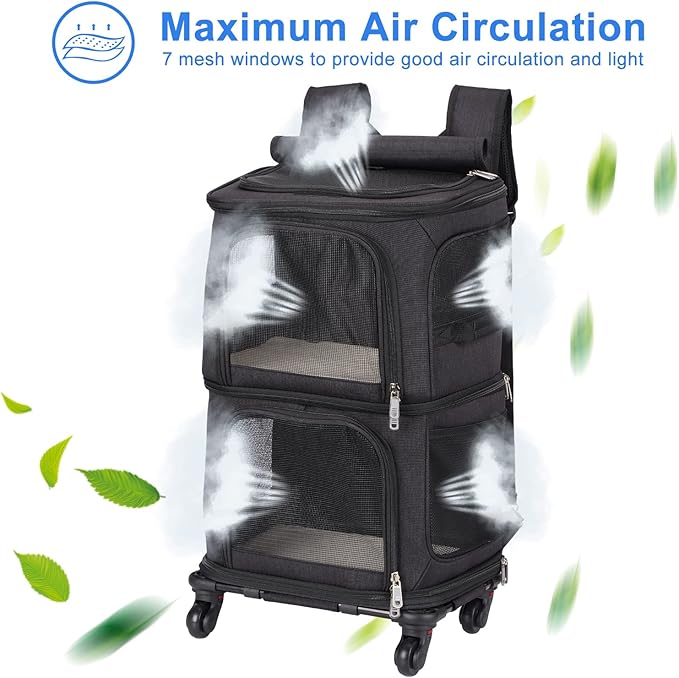 Double Pet Carrier Backpack with Wheels for Small Cats and Dogs, Rolling Cat Travel Carrier, Super Ventilated Design, Ideal for Traveling/Hiking/Camping, Black