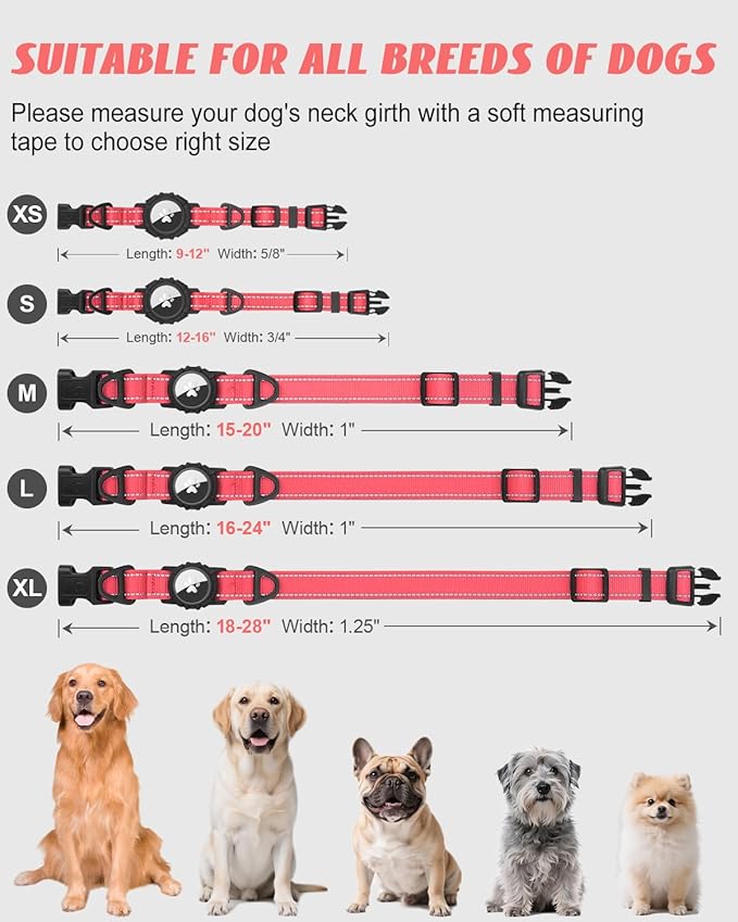 Joytale Airtag Dog Collar, Reflective Pet Collar with Waterproof AirTag Holder, Dual D-Rings, Soft Padded Adjustable for Extra Large Dogs, Neon Pink, XL