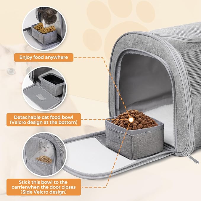 Cat Carrier Soft for Pets Up to 25 Lbs, Cat Travel Bag with Padded Shoulder Strap and Detachable Cat Food Bowl, Pet Dog Carriers for Small Dogs Travel Puppy Carry Airline Approved, Grey