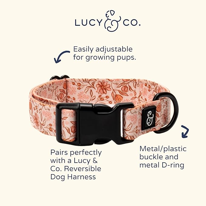 Lucy & Co. Dog Collar - Durable Lightweight Designer Collar for Pets - Adjustable Metal Safety Buckel. - Peach Pink Floral Plaid - Large