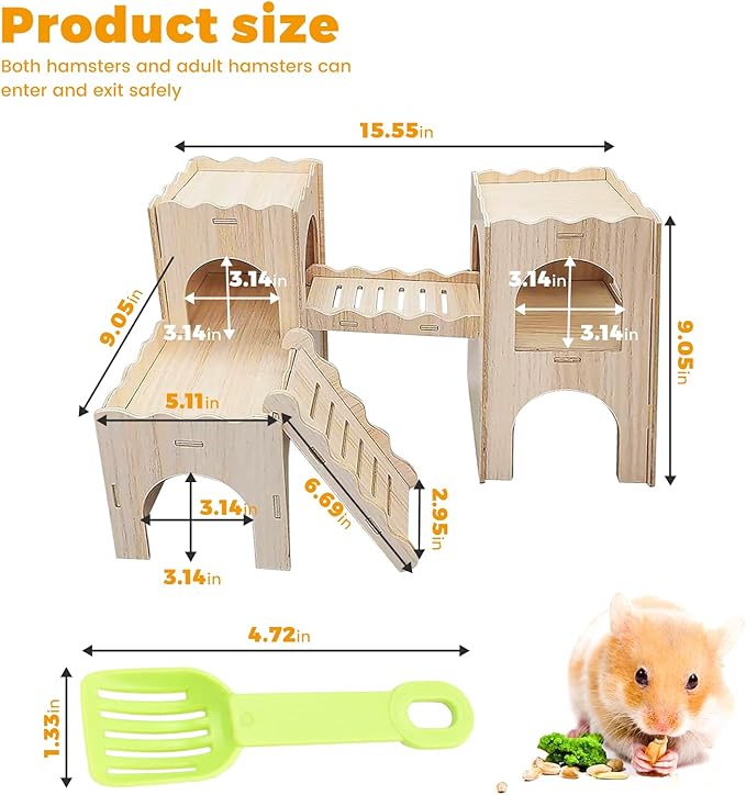 Wooden Dwarf Hamster House, Hamster Tiny House Hideout, Hamster Maze House, Large Balcony Lookout Holes, Easy to Assemble, Detachable Parts, Secure Hideaway, A
