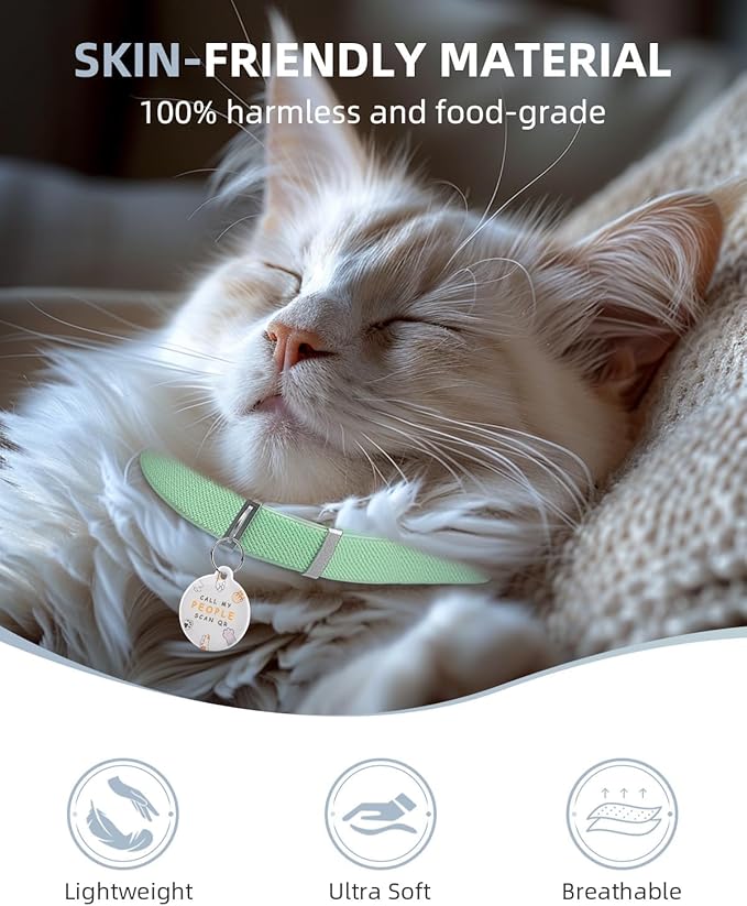 Cat Collar with Bell for Girl & Boy Cats - Non Breakaway Stretch Elastic Quick Release, Lightweight Kitten Collar, Adjustable & Durable Pet Accessories, Gifts for Cat Lovers, Green