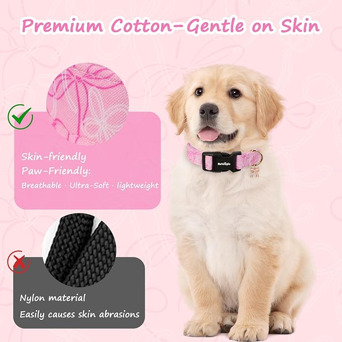Small Dog Collar, Girl Boy Dog Collars with Bow Pattern, Adjustable Cotton Pink Dog Collar for Puppy, Cute Holiday Collars for Dogs, Ideal for Gifts,Pet Accessory,Daily Walk-S