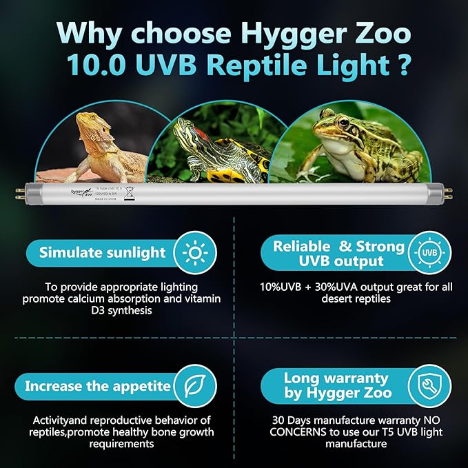 T5 UVB Reptile Light 8W 10.0 + UVA Light Bulb for Reptiles, 3-Pack Lamp Tube for Bearded Dragon, Desert-Grade Reptile UVB lamp Fixture