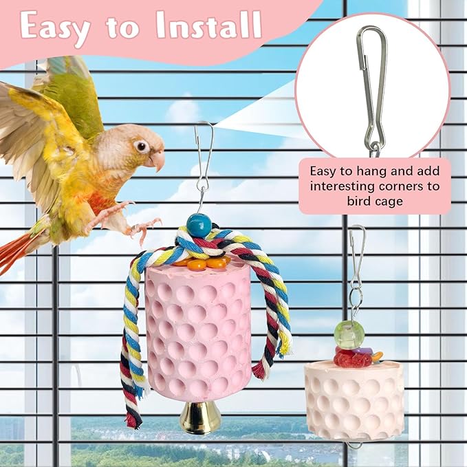 PINVNBY 2 Pack Bird Chew Toys Bird Beak Grinding Stone Lava Calcium Block with Bell Hanging Parrot Chewing Toy Cage Accessories for Parakeets Conures Cockatiels Budgies Lovebirds