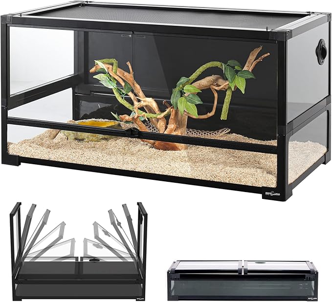 REPTI ZOO 50 Gallon Tempered Glass Reptile Large Terrarium Tank with Black PVC Back Panel Reptile Terrarium 36"x18"x18" Easy Folding