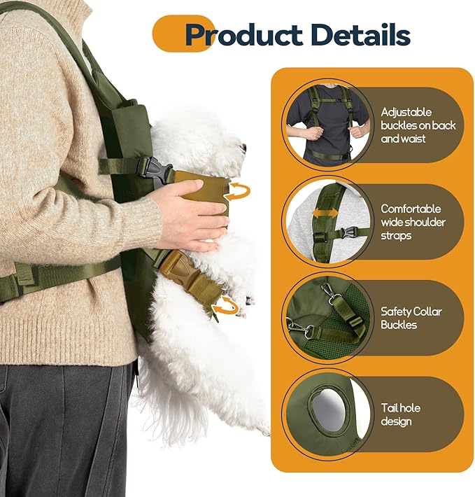 Pet Dog Front Carrier Backpacks, Legs Out Secure-Fit Dog Front Carrier for Small Dogs Up to 17 lbs, Adjustable Hands Free Pet Chest Carriers for Hiking Cycling (M, Green)