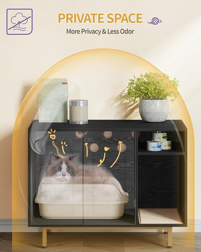 Cat Litter Box Enclosure Enclosed, Hidden Litter Box Cabinet Furniture with Storage, Wooden Indoor Cat House Large, Modern End Table for Living Room Entryway, Black and Gold CB01504G
