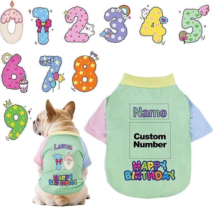 Custom Dog Birthday Shirt,Personalized Pet Apparel Print with Name Age Number,Pet Birthday Outfit,Lightweight Breathable Cotton Vest for Small Medium Large Dogs Cat (Dopamine Green, X-Large)