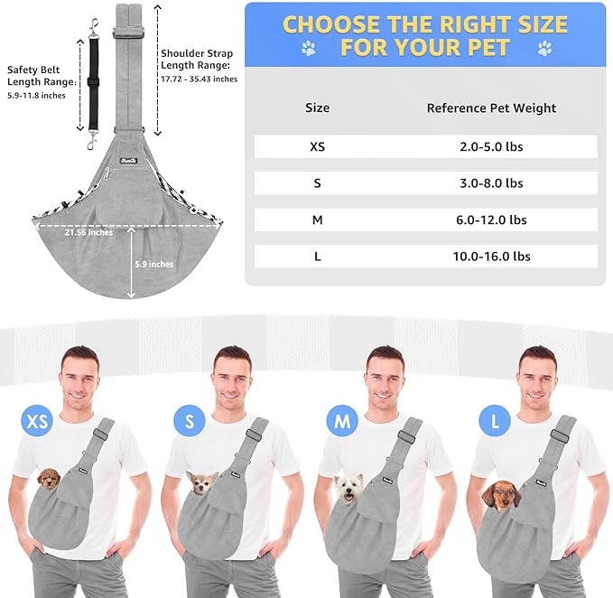 Lukovee Pet Sling, Hand Free Dog Sling Carrier Adjustable Padded Strap Tote Bag, Shoulder Bag with Safety Belt & Front Pocket for Small Dog Cat Puppy (Grey-WY,L)