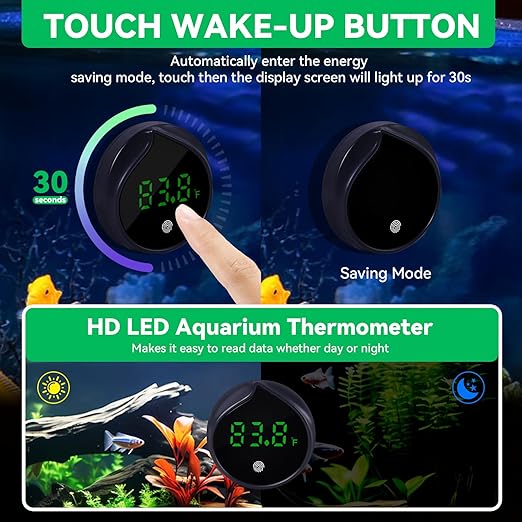Removable Aquarium Water Thermometer Gauge with Touch Screen Digital Fish Tank Thermometer LED Display ±1℉/℃, Fish Tank Accessories for Betta, Axolotl, Shrimp, Turtle, Reptile and Aquatic (Dark Blue)
