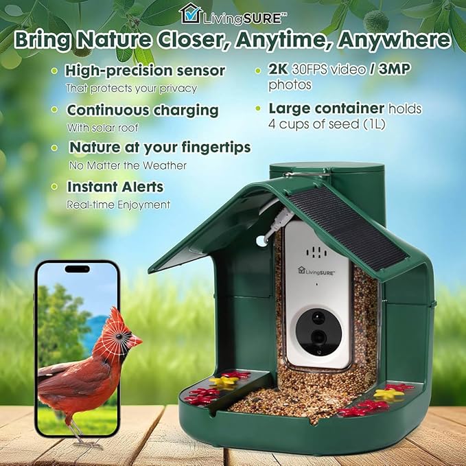 LivingSURE 2-in-1 Smart Bird Feeder with Camera Outdoor Solar Powered Smart Birdfeeder Live Stream Video Camera with AI Recognition for Outside Wild Birds Garden Decor - Bird Lover Gifts