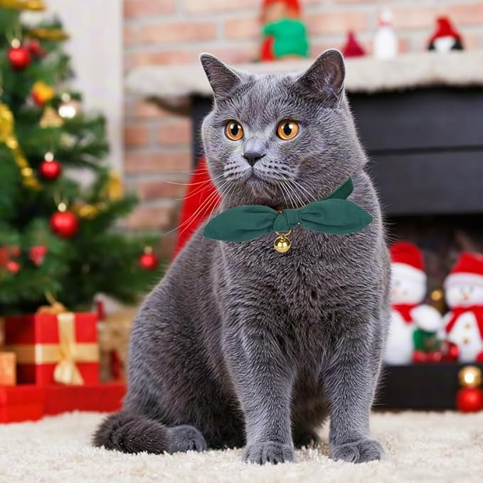 Bunny Ear Cat Collar with Bell and Bow Tie, Breakaway Cute Bowtie Kitten Collars(Dark Green)