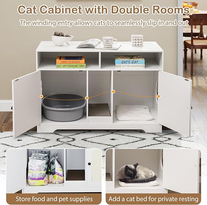 PETSITE White Double Litter Box Enclosure, 43 Inch Modern Cat Hidden Litter Box with Shelves, Double Rooms, Scratching Board, and 2 Sisal Mats, Indoor Wooden Kitten House End Side Table
