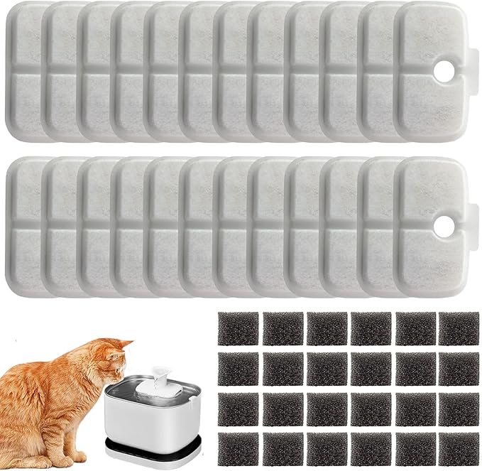 24 Pack Cat Water Fountain Replacement Filter for Petlibro Dockstream Cat Water Fountain PLWF005/PLWF115/PLWF105, Pet Fountain Replacement Filters with Pre-Filter Pump Sponges(24+24)