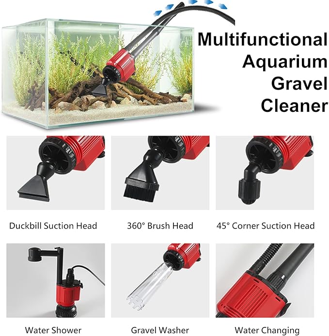 Aquarium Gravel Cleaner Siphon Kit, 6 in 1 Automatic Fish Tank Cleaning Tools Electric Removable Vacuum Water Changer for Changing Water/Removing Detritus/Washing Sands