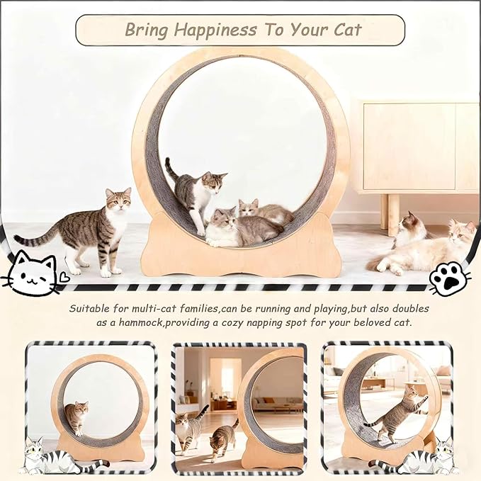 35.4'' Cat Exercise Wheel - Wooden Treadmill for Indoor Cats with Low Noise, Safety Lock, Detachable Carpet & Eco-Friendly Design for Fitness, Weight Loss and Entertainment