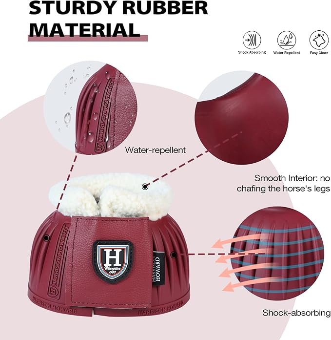 Harrison Howard Rubber Pull-on Bell Boots with Fleece Lining and Extra-Large Leather Touch-Close Tape Hoof Overreach Protection for Horses Sold in Pairs Wine Red XL