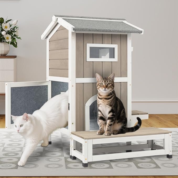 PetsCosset Insulated Outdoor Cat House Weatherproof, 2-Story Feral Cats Shelter Clawsable Cat House with Insulated Cat Scratching Cloth, Openable Asphalt Roof, Balcony, 4 Door, 2 Platforms