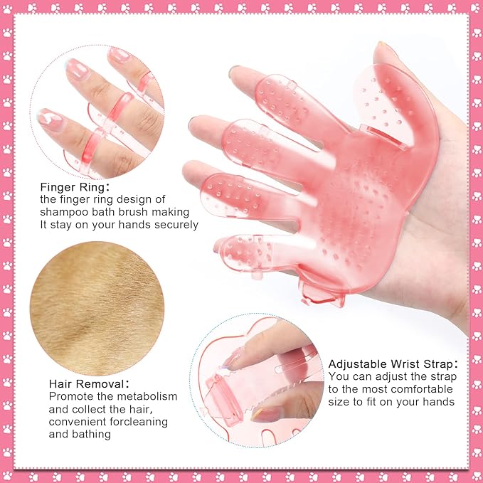 Rabbit and Small Pet Grooming Kit - Slicker Brush, Massage Glove, Nail Clipper, Flea Comb, Double-Sided Brush for Rabbits, Guinea Pigs, Hamsters (Pink)