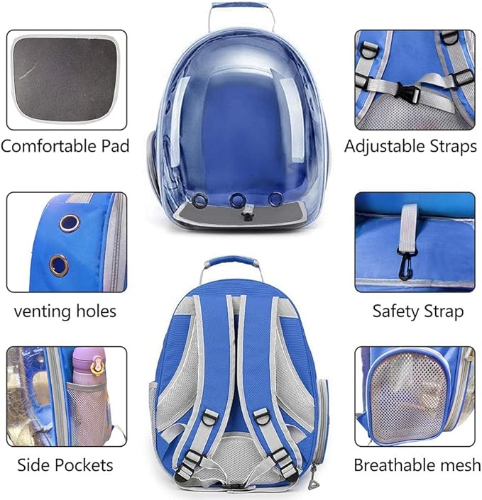 Pet Backpack Carrier with Harness Backpack for Cats, Small Dogs, Bunnies etc with Harness Included, Pet Carrier for Traveling, Walking, Hiking and Outdoor Activities (Blue)