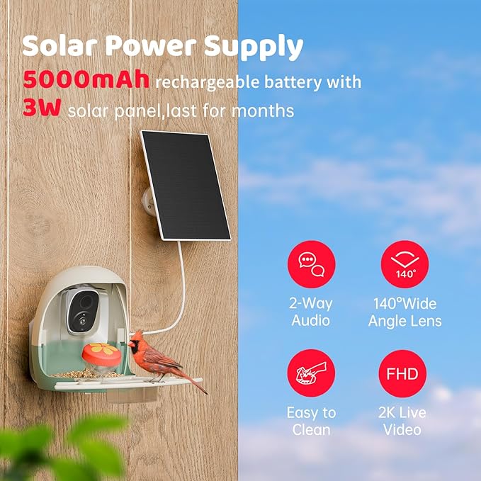 Bird Feeder with Camera Solar Powered, Smart Bird Feeder with AI Identify, 2K HD Live View and Instant Notification, Ideal Gift for Bird Lover(with 32G Card)