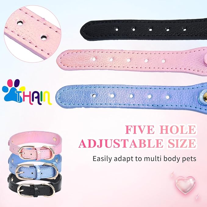THAIN Fashion Dog Collar with Bling Diamonds & Heart Charm – 5 Holes Adjustable PU Leather Rhinestones Necklace Collar, Gold Buckle for Small Dogs Girl (Pink, XS)