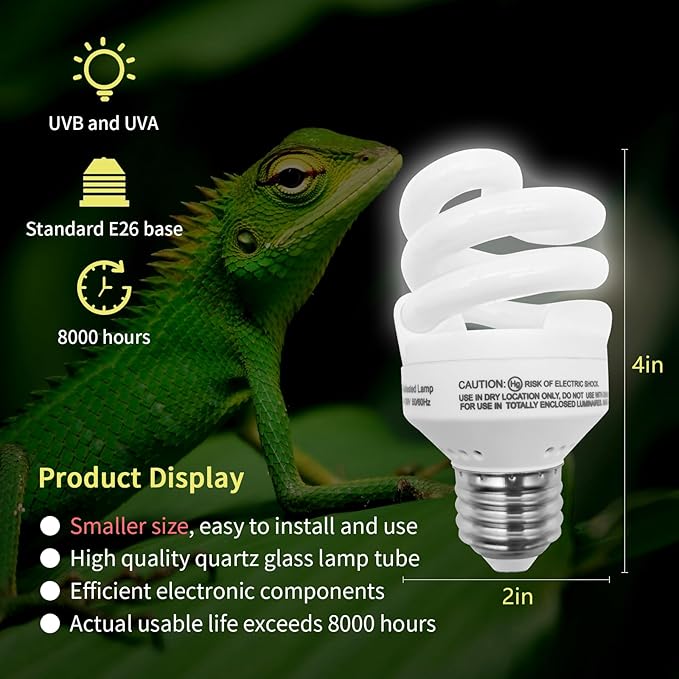 UVB Light Bulb for Reptiles, 9W 5.0 UVA UVB Heat Lamp Bulbs Ideal for Rainforest Reptiles, Bearded Dragons Lizard Turtle Tortoise Iguanas Chameleons Snake (2 Pack)
