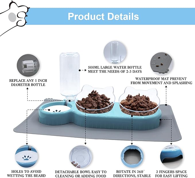 Triple Cat Bowls with Water Dispenser, Pet Whisker Friendly Water and Food Bowl Set with Non-Slip Mat, 15° Tilted Double Feeding Bowls, Elevated Wet and Dry Food Dish for Kitten&Small Dog (Blue)