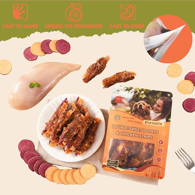 Chicken Jerky Wrapped Double Sweet Potato Dog Treats,Low Fat & Rawhide-Free & High Protein Dog Snacks,Orange & Purple Sweet Potato Soft Chews w/1% Taurine for Small Medium Large Dogs,10.58oz