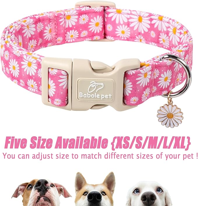Summer Daisy Dog Collar, Cute Floral Adjustable Pink Dog Collars for Small Dogs, Lightweight Quick-Release Buckle Collar for Boy&Girl Dogs S