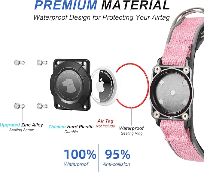 Waterproof Airtag Dog Collar - Nylon Collar with Durable Airtag Holder, Reflective&Anti-Lost with Safety Metal Buckle, Soft Padded Adjustable for Small Medium Large Dogs Pink S