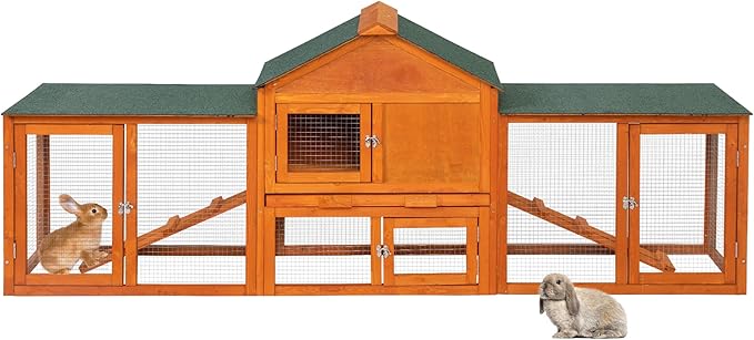82.5” Large Wooden Rabbit Hutch Outdoor Easy to Assemble Rabbit Cage and Durable Bunny Hutch Indoor with Cleaning Tray & Waterproof Roof for Small and Medium Bunny Rabbit Chick (Orange)