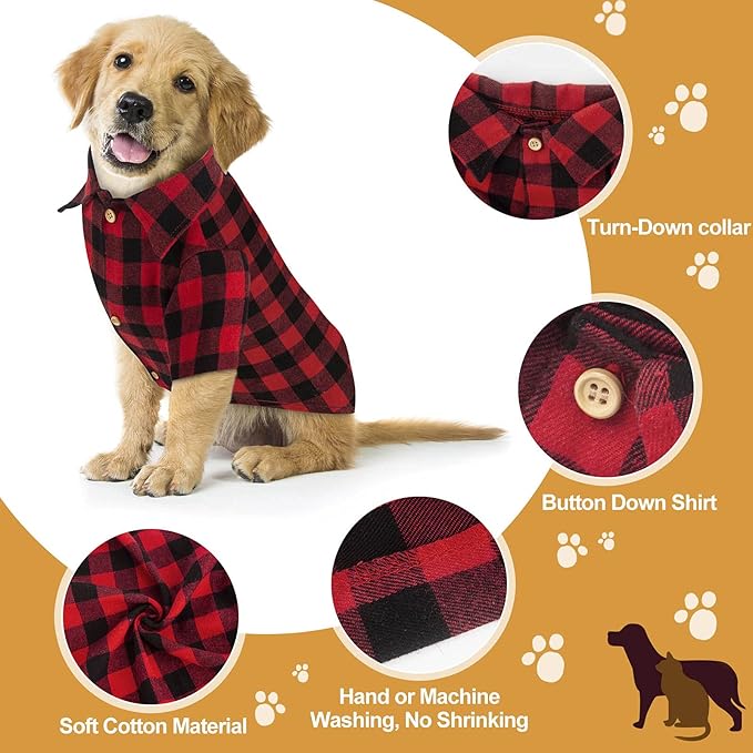 Plaid Buffalo Dog Outfit - Soft Casual Dog & Cat Clothes for Small to Large Puppies - Red, Halloween & Christmas Costume (L)