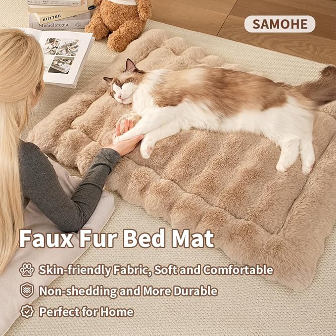 Dog Beds Mats Cat Bed Mat Plush Faux Fur Puppy Pad with Anti-Skid Bottom Cozy Kitten Bed for Carriers/Floor Dog Friendly 27 x 20 Inch Large Coffee