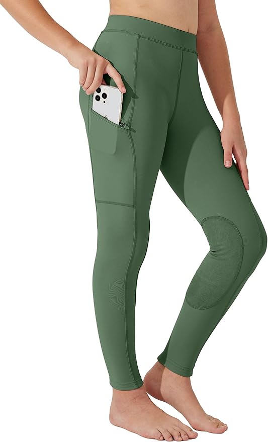 Willit Girls Horse Riding Pants Tights Kids Equestrian Breeches Knee-Patch Youth Schooling Tights Zipper Pockets
