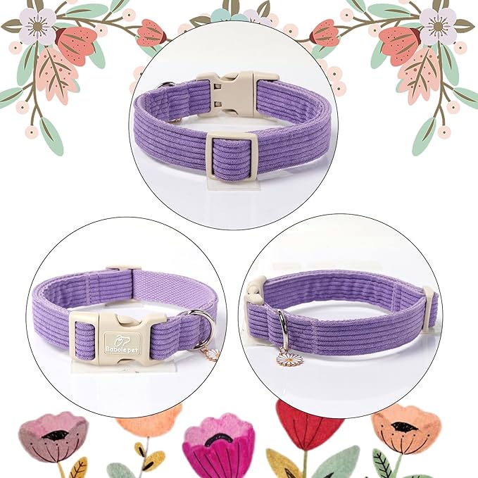 Cute Corduroy Dog Collar - Lavender Adjustable Dog Collars for Medium Dogs 25-50lbs, Fade-Proof with Secure Snap & Little Charm, Christmas Birthday Gift, M